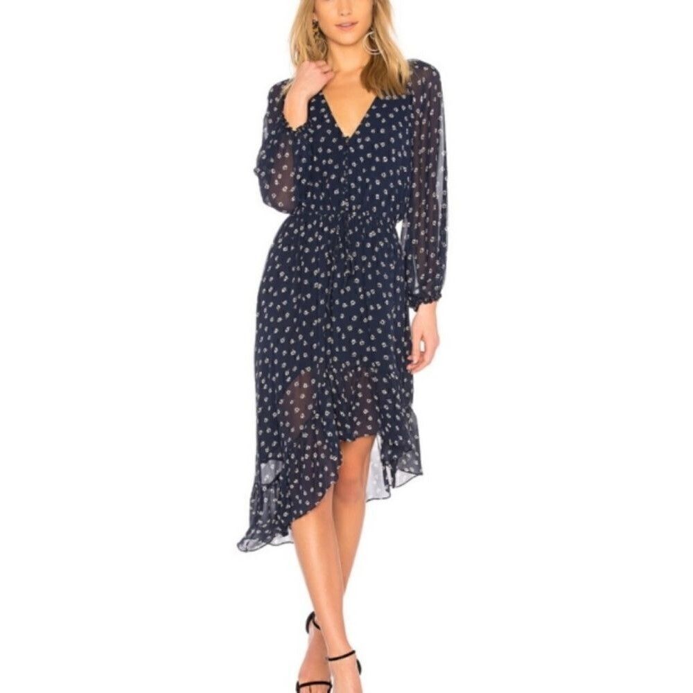 Joie Alithea Dress Silk Long Sleeve Asymmetric Ruffle hem Navy Blue floral XS